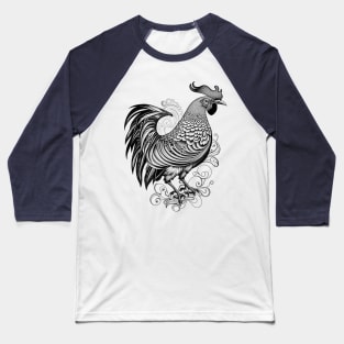 Black and White Rooster Tattoo Style Baseball T-Shirt